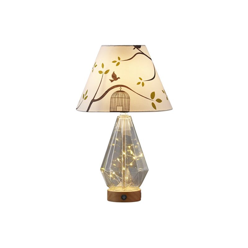 Clear Glass Urn/Diamond Night Lamp Contemporary 1-Bulb Bedroom Table Light with Cone Printing Fabric Shade