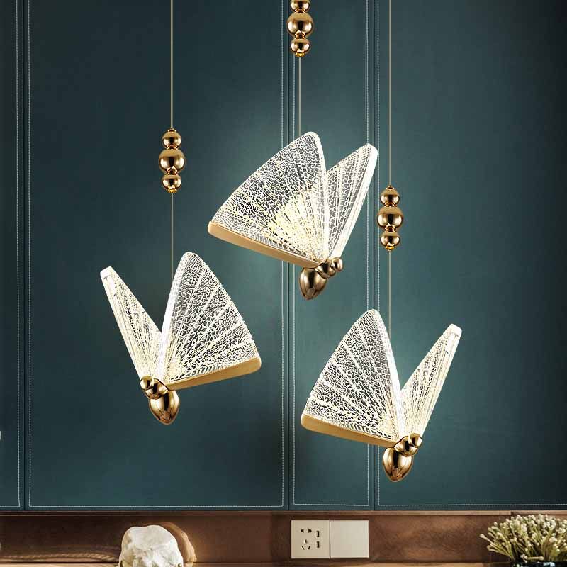 Modern Butterfly Pendant Light Fixture Metal LED Bedroom Pendant Ceiling Light in Clear