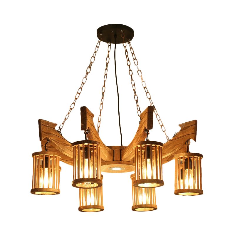 6/8-Head Cylinder Chandelier Lighting Fixture Industrial Brown Wood Hanging Ceiling Light with Anchor Arm