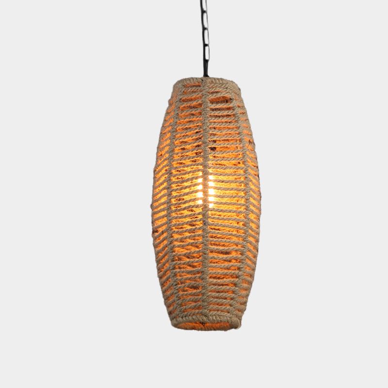 1-Light Hanging Lighting Countryside Fish-Basket Shape Rope Pendant Lamp Fixture in Beige