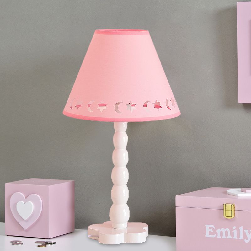 Kids Cone Table Lamp Fabric 1 Light Bedroom Night Light with Cutout Design and Wood Base in Pink/Pink and White/Pink and Green