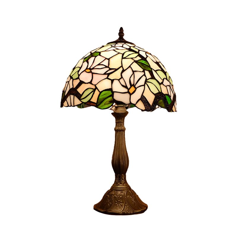 Domed Nightstand Light 1-Bulb Stained Art Glass Baroque Blossom Patterned Night Lighting in Red/Beige/Green