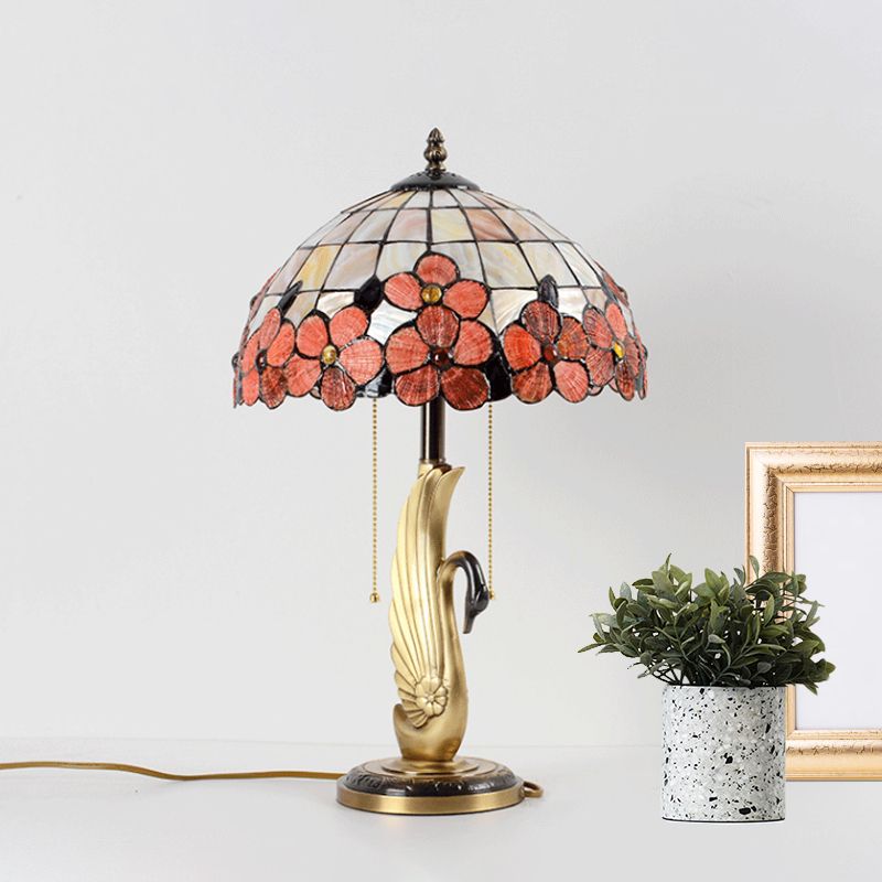 Flower-Edge Pink Grid Glass Night Lamp Tiffany 2-Light Gold Pull Chain Table Lighting with Swan Base