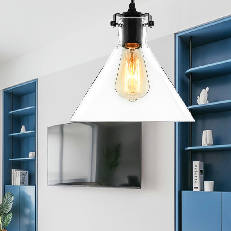 1 Light Cone Pendant Lighting Industrial Black Clear Glass Hanging Light Fixture for Living Room