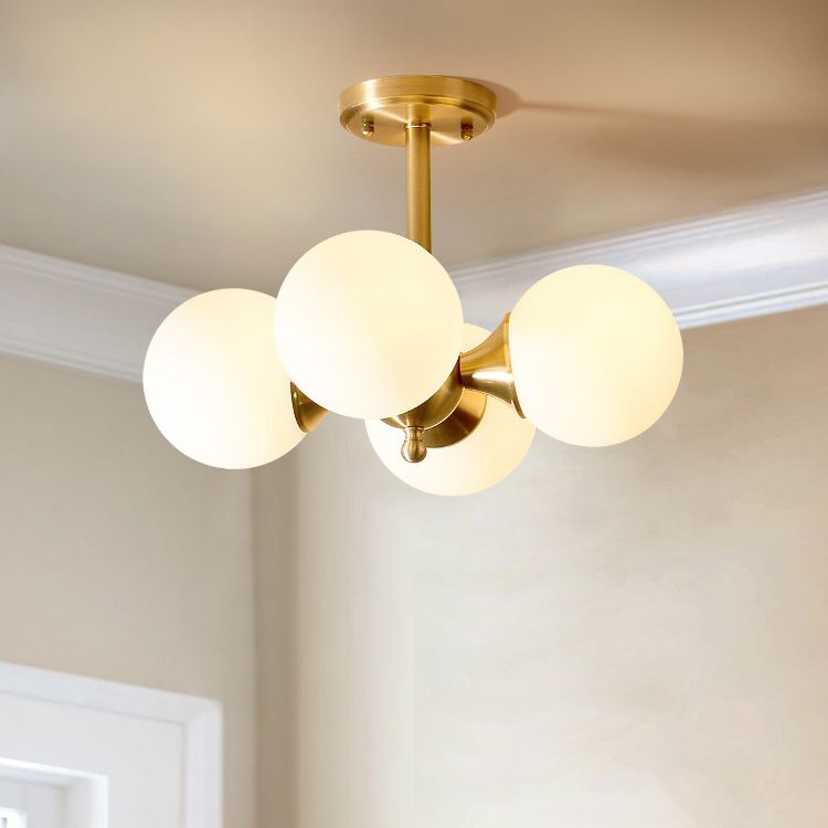 Modern Brass Semi Flush Mount Light 4-Light Sphere Glass Semi Flush Ceiling Light for Bedroom