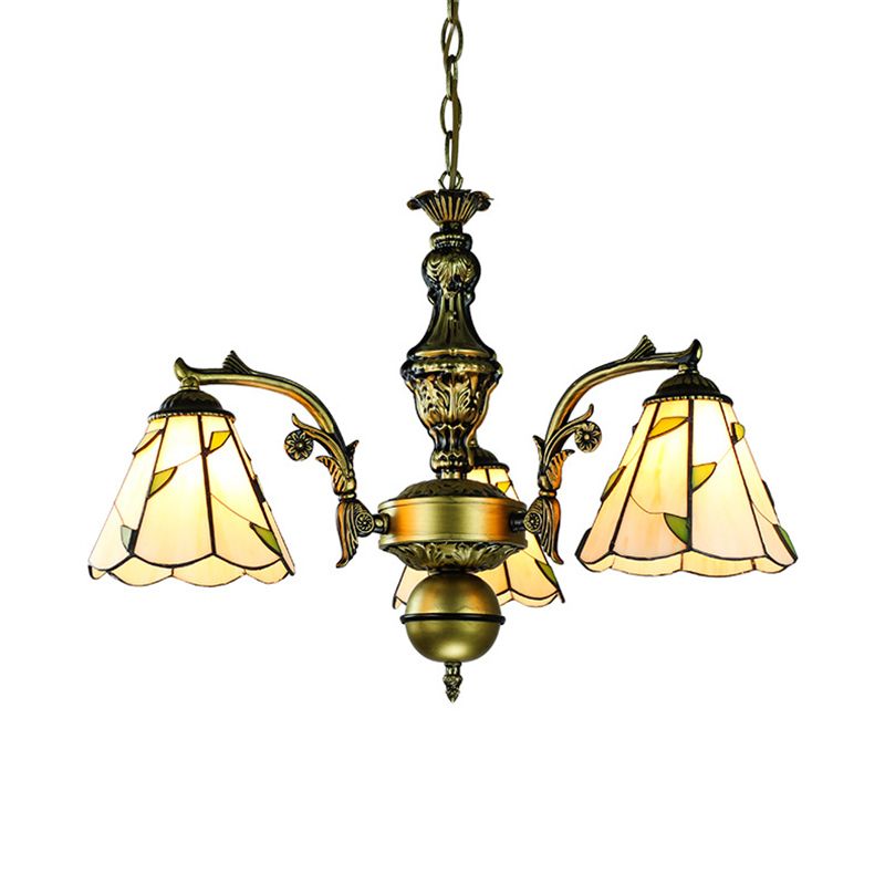 Vintage Rustic Cone Suspended Light with Leaf Pattern 3 Lights in Beige Glass Hanging Chandelier