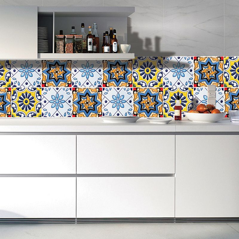 Adhesive Bohemian Floral Wallpapers Blue Mosaic Tiles Wall Covering for Accent Wall