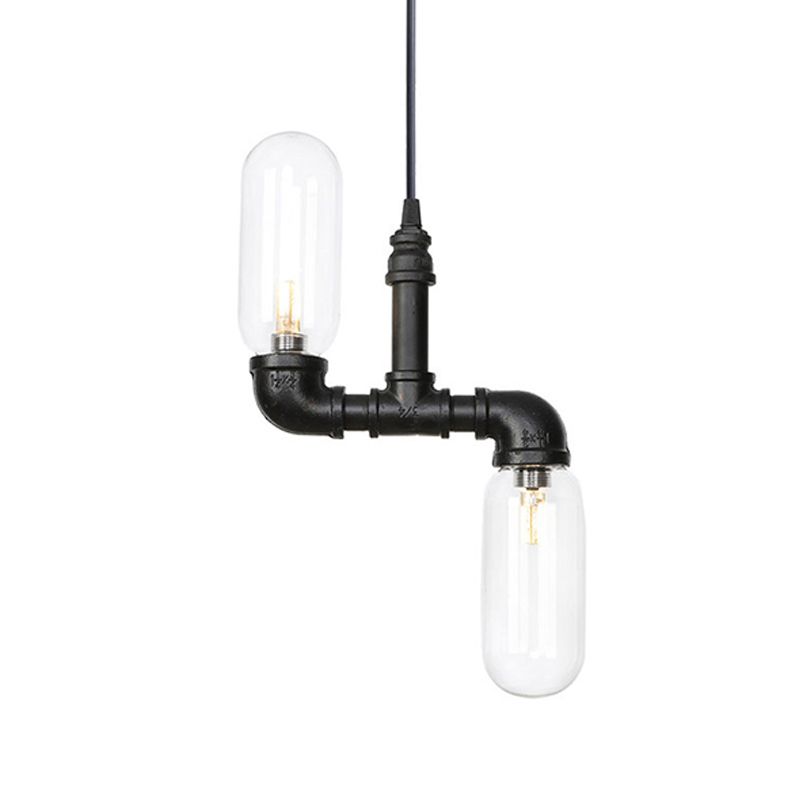 Clear Glass Capsule Shade Pendant Antiqued 2-Head Coffee Shop LED Ceiling Chandelier in Black with Pipe Design