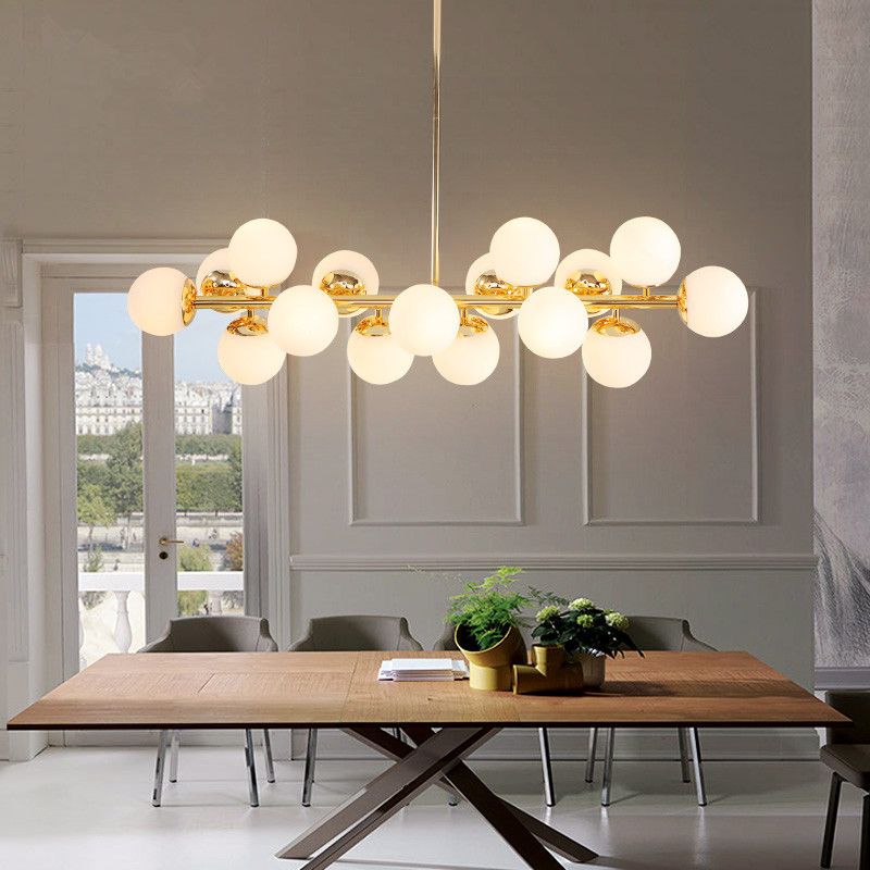 Ball Dining Room Pendant Light Kit Cream Glass Contemporary Chandelier Lighting Fixture in Gold