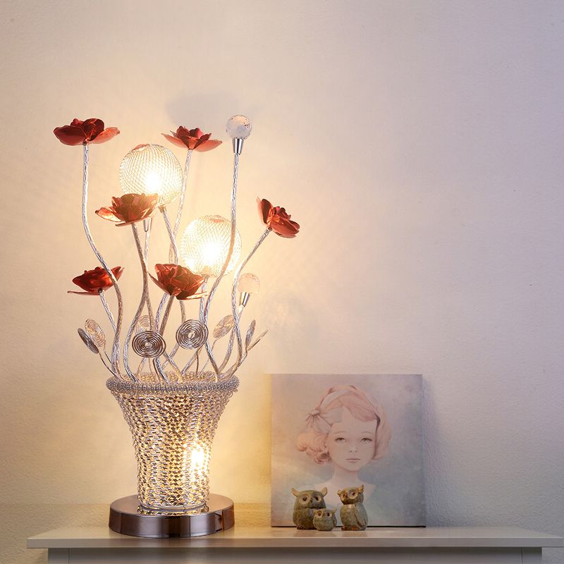 LED Potted-Flower Nightstand Light Country Red and Chrome Finish Aluminum Wire Table Lamp