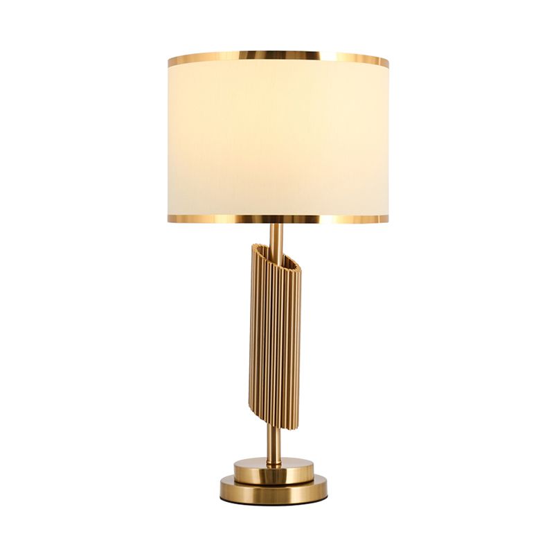 Fabric Barrel Table Lighting Classic 1-Light Parlor Night Lamp with Bevel-Cut Cylinder Base in Brass