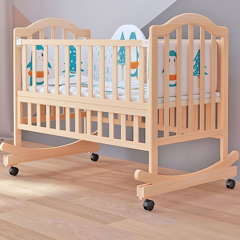 Wood Convertible Baby Crib Nursery Crib with Guardrail and Wheels