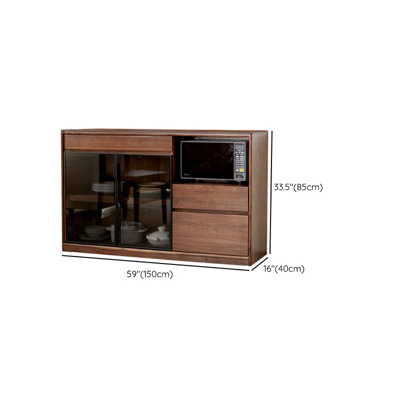 Modern Solid Wood Sideboard with 3 Drawers Glass Door in Brown