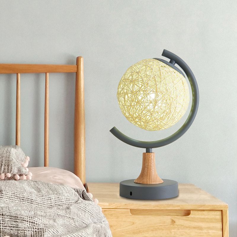 Metallic Globe Nightstand Light Asia Style 1 Light Table Lamp in White/Grey/Green with Rattan Shade