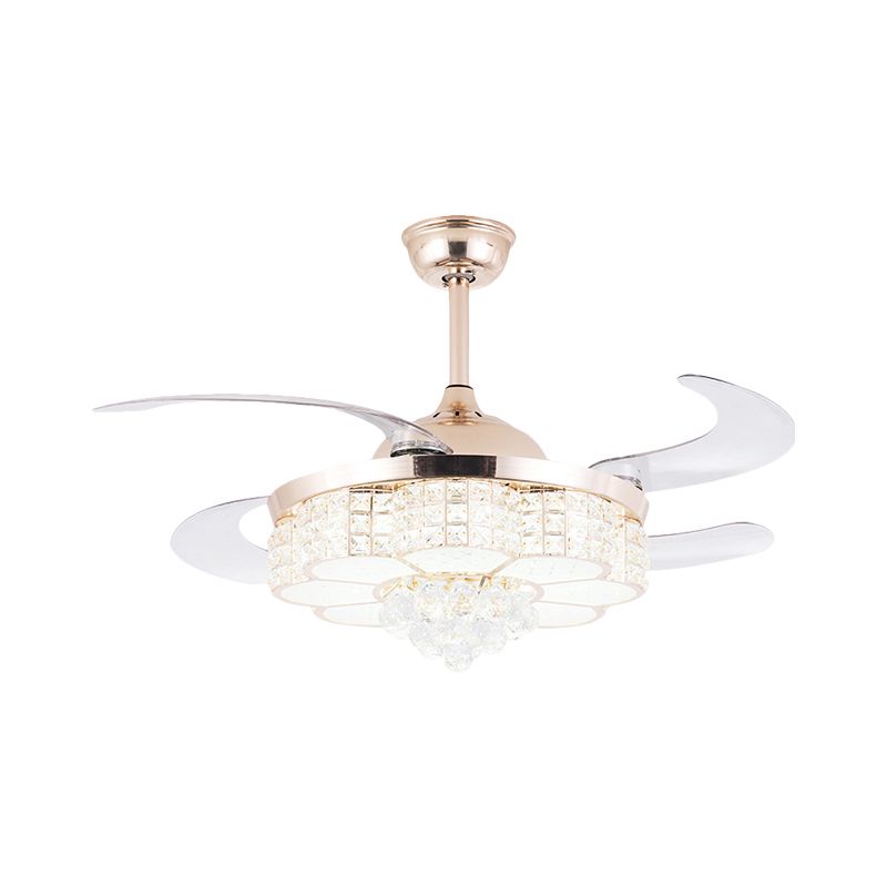 4 Blades Gold LED Floral Semi Flush Simple Crystal Block Pendant Fan Light Fixture, 19" Width