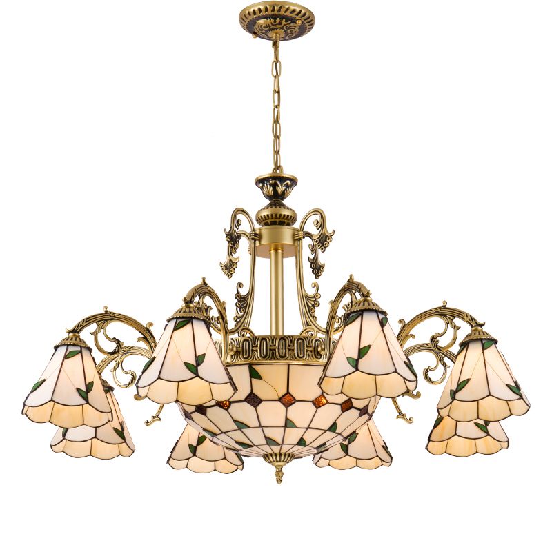 Cone Dome Living Room Chandelier Tiffany Style Glass Vintage Pendant Light in Beige