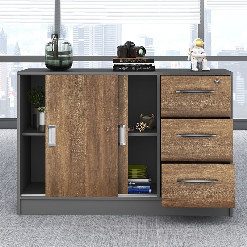 Modern Lateral File Cabinet Solid Wood Brown File Cabinet with Storage Shelves