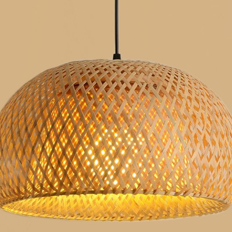 Lampada a ciondolo in bambù intrecciata in stile asiatico 1 lampadina a sospensione a cupola
