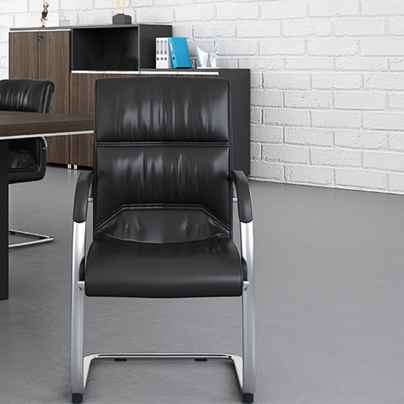 Modern No Wheels Desk Chair Faux Leather Black Mid-Back Chair