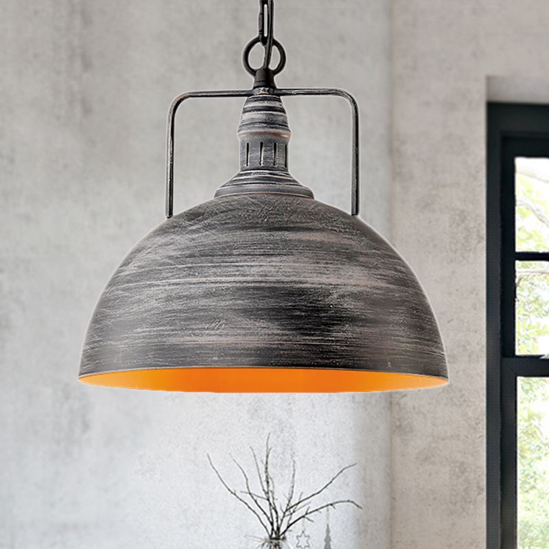 Aged Silver Domed Pendant Lamp Industrial Metal 1 Light Dining Table Hanging Light, 12"/16" Width