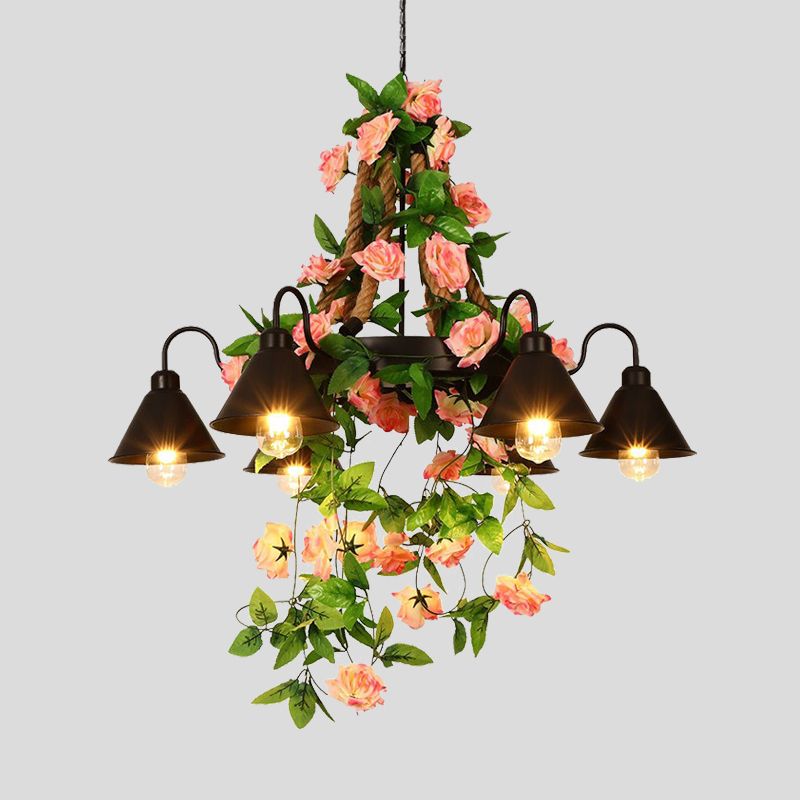 Metal Cone Chandelier Lamp Industrial 6/8 Lights Restaurant LED Ceiling Pendant in Black with Flower Decoration