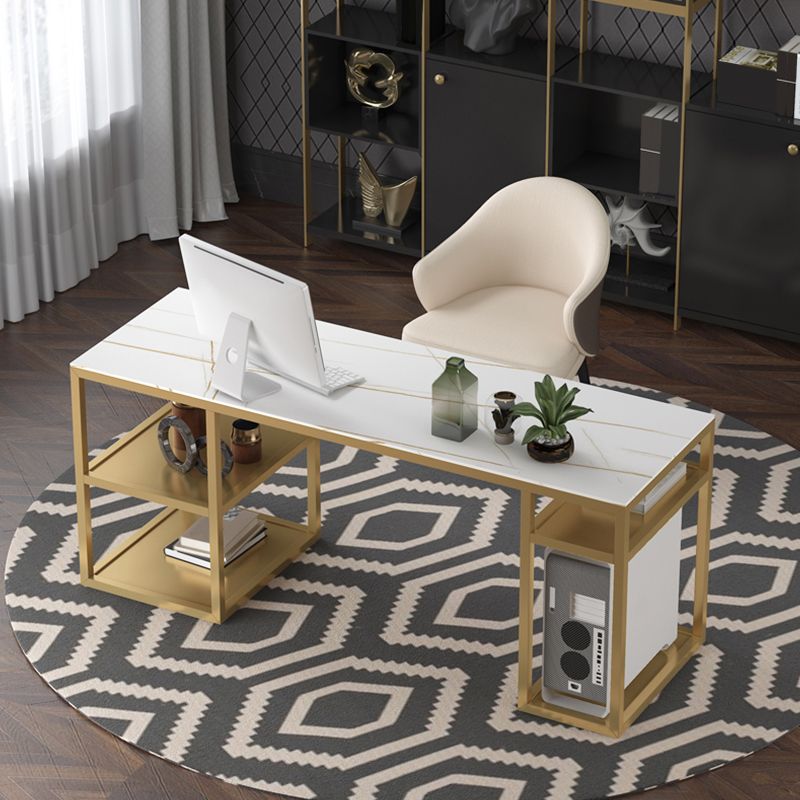 Glam Style Stone Writing Desk Metal Office Desk with Storage Shelves