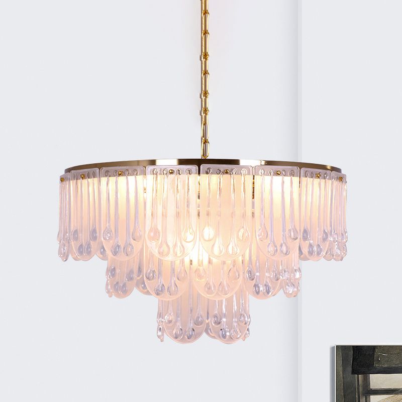 16"/23.5" W Frosted Glass Tiered Chandelier Light Modernist 3/8 Lights Hanging Lamp with Metal Chain in Gold