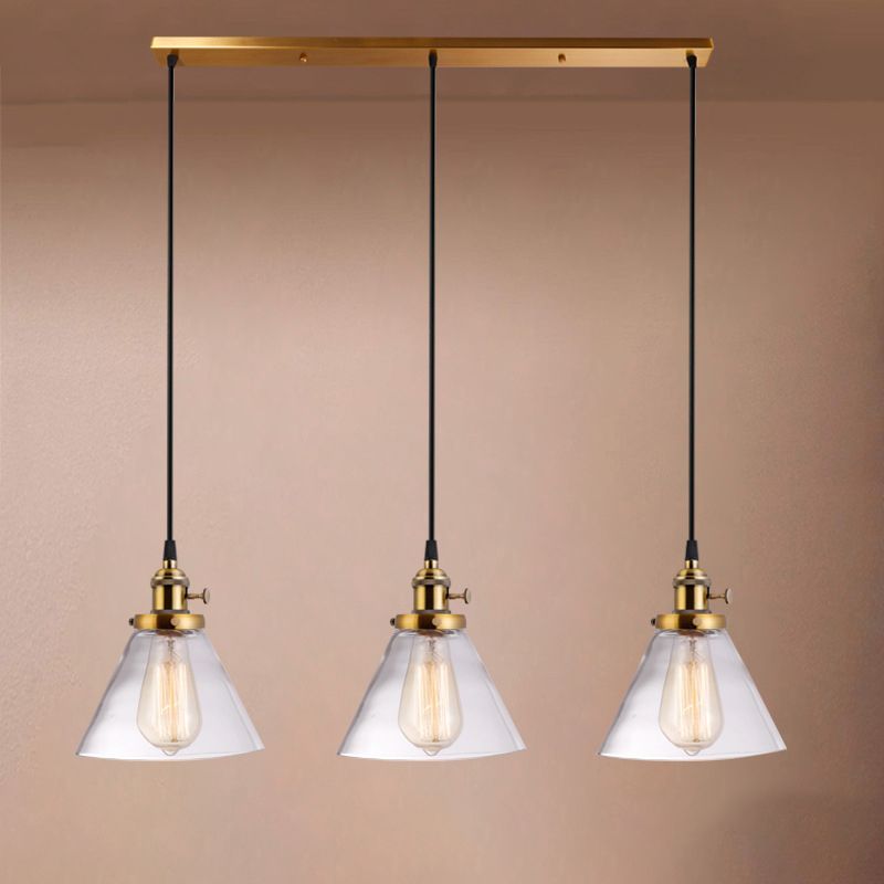 3 Heads Cluster Pendant Light Warehouse Cone Clear Glass Down Lighting for Dining Room