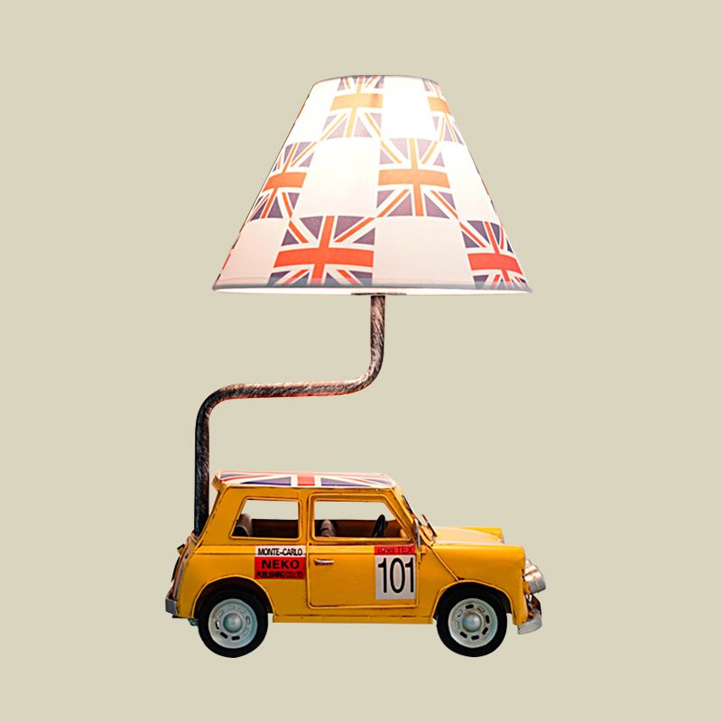 Car Resin Desk Lamp Cartoon 1 Light Yellow Night Table Light with Tapered Fabric Shade