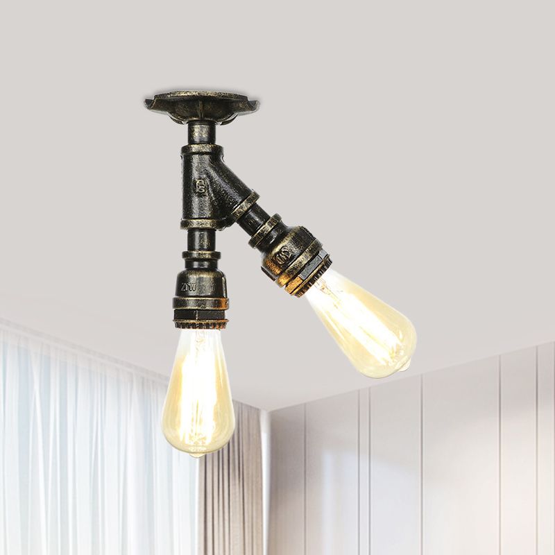 Bronze 2 Lights Semi Flush Light Fixture Industrial Bare Bulb Flush Mount Ceiling Lamp