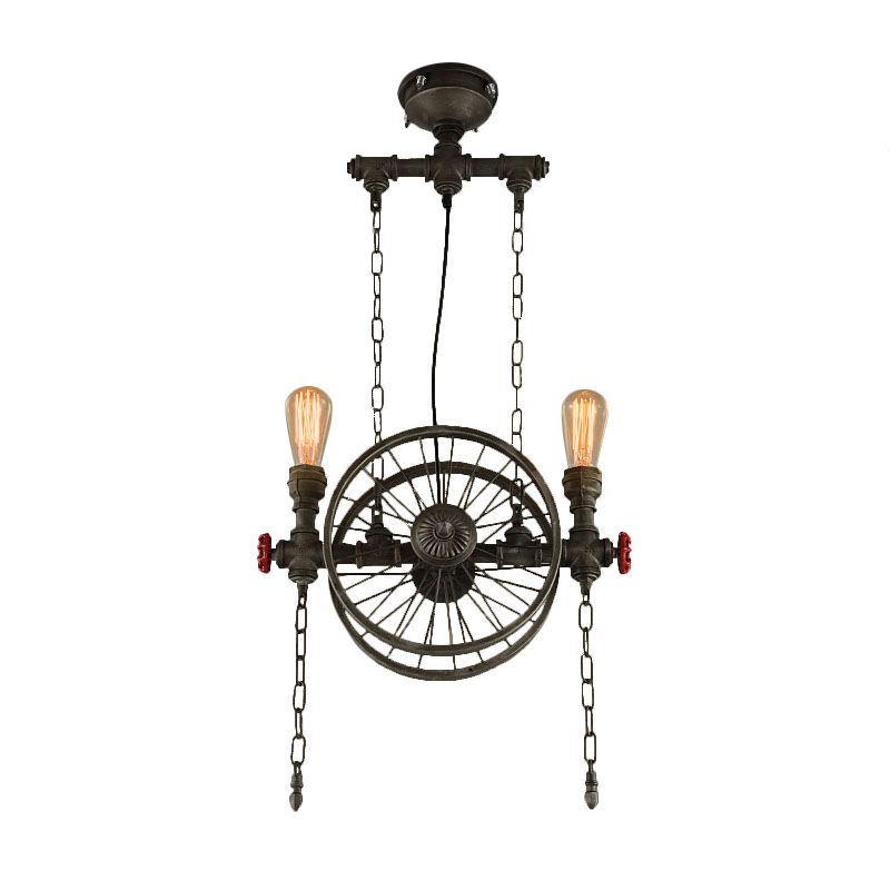 Rustic Style Exposed Bulb Hanging Light with Wheel Design 2 Lights Wrought Iron Pendant Chandelier in Bronze