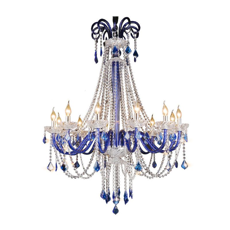 Crystal Candle Hanging Chandelier Modern 12 Lights Blue Ceiling Lamp for Balcony