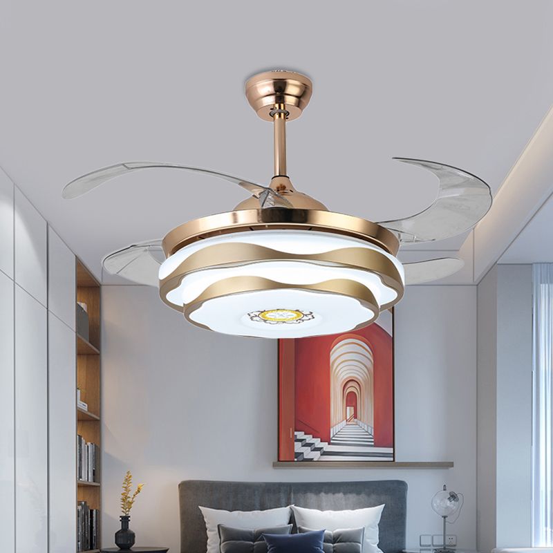 Metal Gold Pendant Fan Lamp Circular LED 42" Wide Modern 4 Blades Semi Flush Ceiling Light Fixture for Bedroom, Remote/Wall Control/Remote and Wall Control