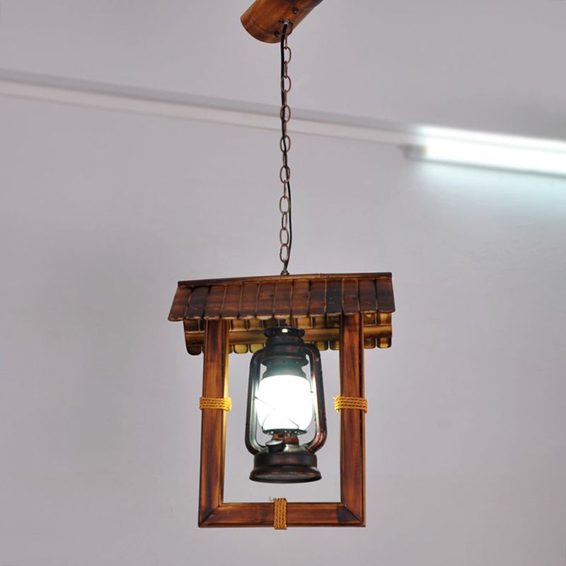 1-Light Industrial Nautical Style Hanging Light Dark Wood Grain Vintage Kerosene Lamp Shaped Lighting Pendant