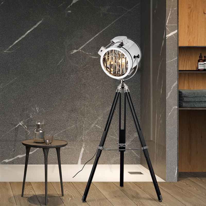 Metallic Cylinder Spotlight Industrial Style 1 Head Living Room Floor Lamp in Black/Wood with Tripod