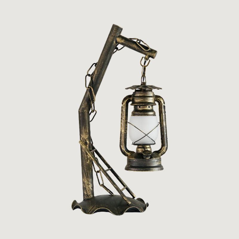 Opal Glass Lantern Table Lamp Vintage 1 Head Bedroom Desk Light in Brass with Metal Angled Arm