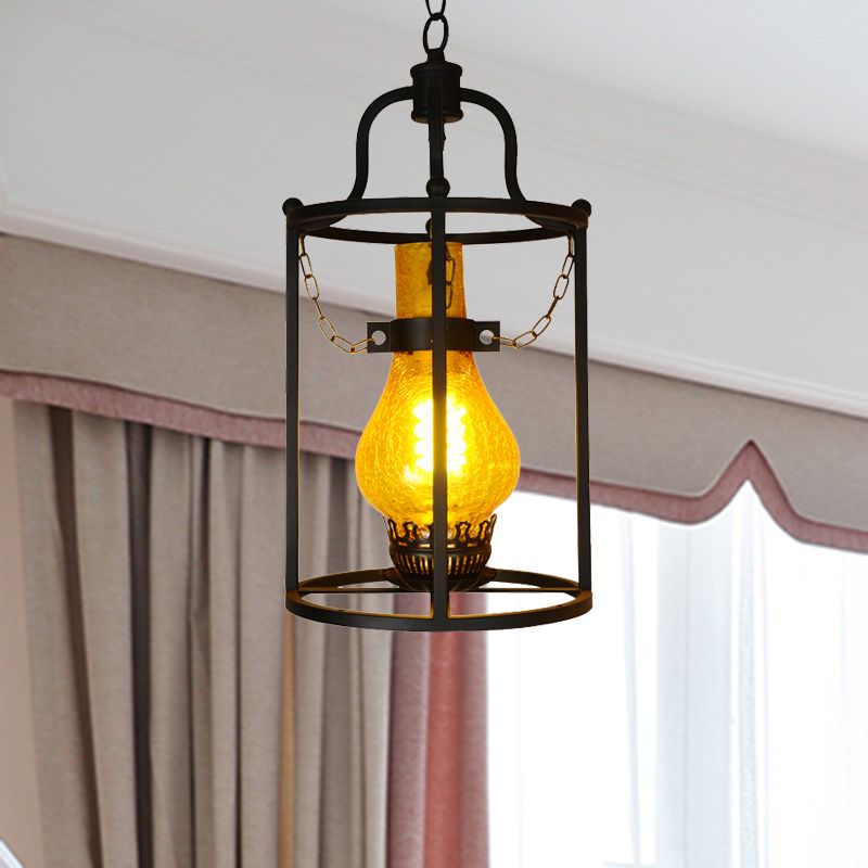 Black Cylinder Cage Shade Pendant Light Vintage Metal 1 Light Dining Room Hanging Lamp