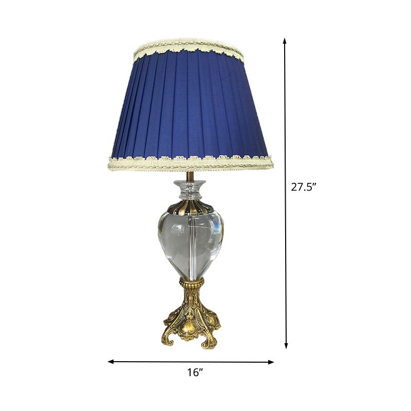 Cone Study Lamp Modern Fabric 1 Bulb Blue Table Light, Sculpted Brass Metallic Base