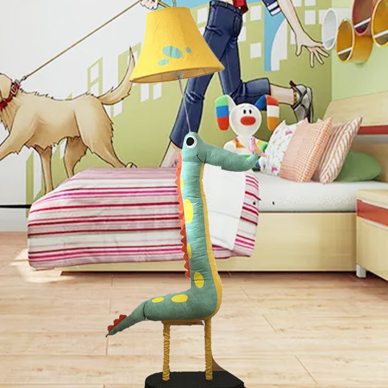 Dinosaur Bedside Floor Lamp with Tapered Shade Fabric One Light Cartoon Floor Light in Green