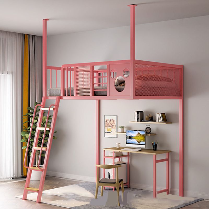 Open Frame Metal Bed Nordic Iron High Loft Bed with Built-In Ladder