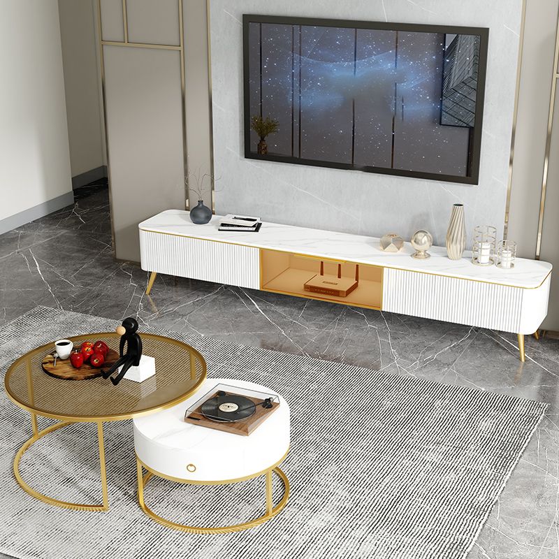 Glam Style Stone TV Stand White Colour Enclosed Storage TV Console