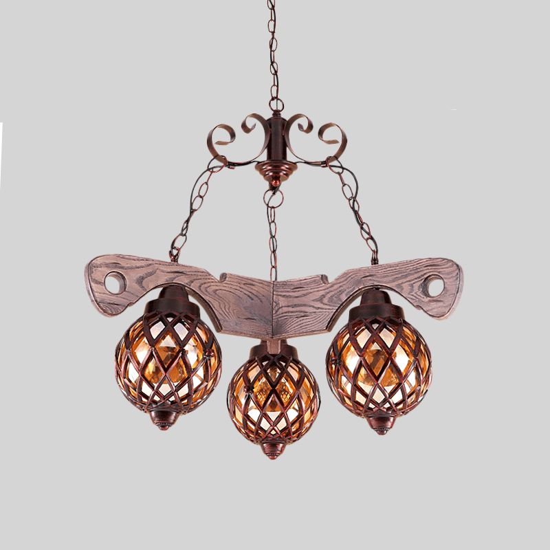 Country Style Globe Chandelier with Amber Glass Adjustable 3/5 Heads Hanging Pendant Light in Black