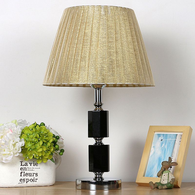 Single Bulb Crystal Table Lamp Countryside Beige Tapered Drum Bedroom Night Light