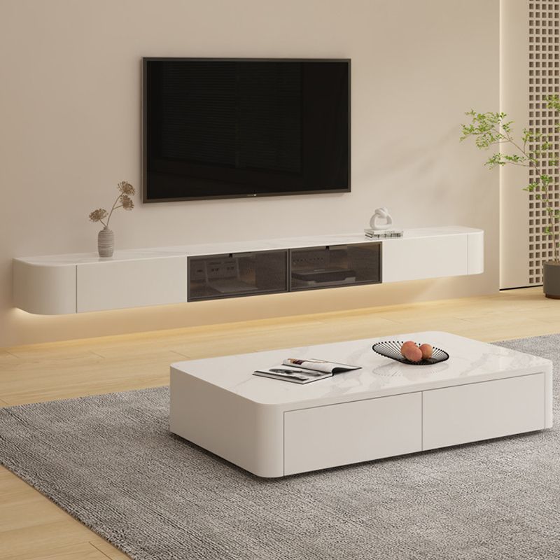 Contemporary Stone TV Stand Console White Floating TV Media Stand for Living Room