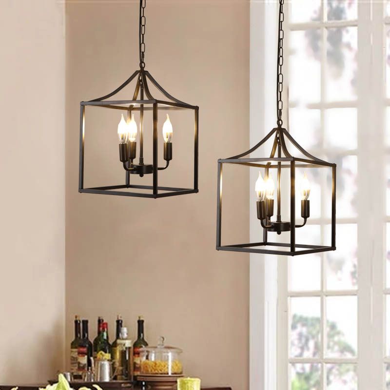 Black 3 Lights Pendant Lighting Retro Square Cage Metal Chandelier Lamp for Diner