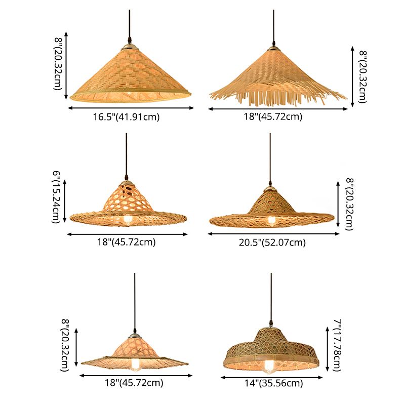 Iluminación de suspensión de sombrero de paja Bambú asiático 1 bulbo de techo beige colgante para restaurante