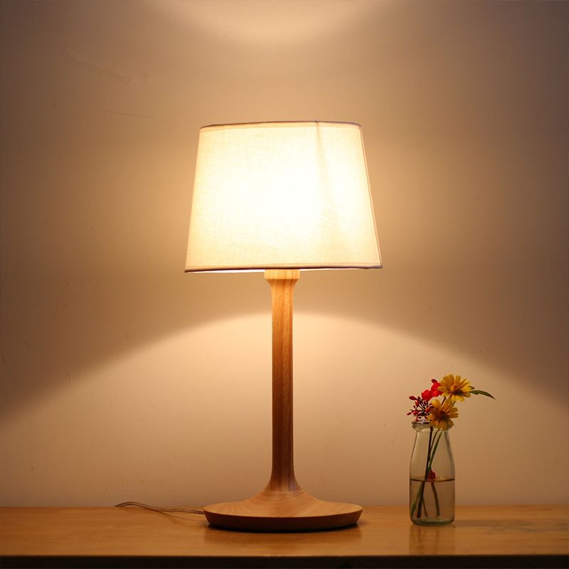 1-Bulb Bedside Table Light Minimal Wood Nightstand Lamp with Bucket Fabric Shade