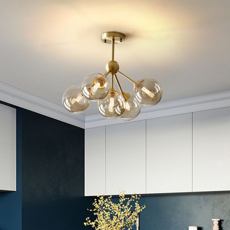 5 Heads Dining Room Pendant Chandelier Modern Brass Hanging Light Kit with Orb Amber Glass Shade