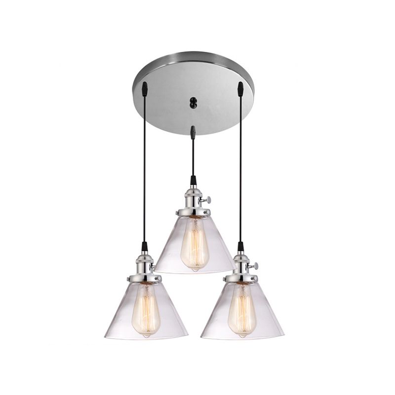 3 Heads Cluster Pendant Light Warehouse Cone Clear Glass Down Lighting for Dining Room