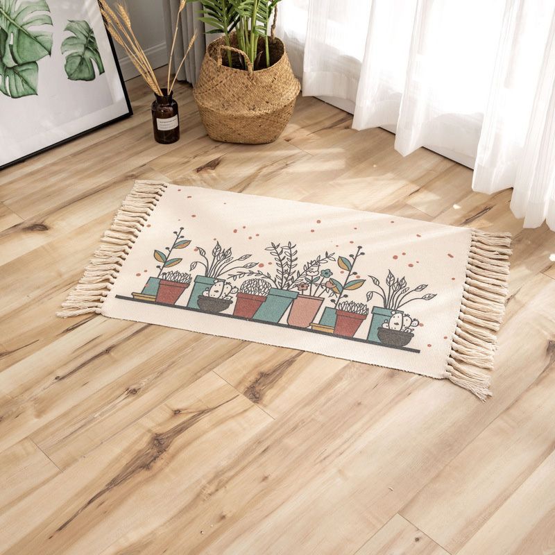 Classic Geometric Printed Rug Multi-Colored Cotton Blend Carpet Easy Care Washable Rug with Fringe for Bedroom